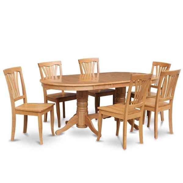 East West Furniture Vancouver 9PC set with double pedestal oval featured 17 in. butterfly leaf and 8 Wood seat chairs - VAAV9-OAK-W