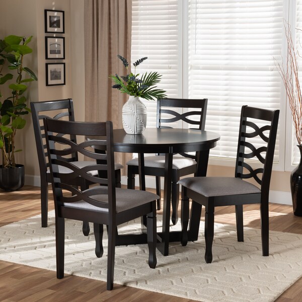 Baxton Studio Leda Grey Upholstered and Dark Brown Finished Wood 5-Piece Dining Set - 169-9406-10898