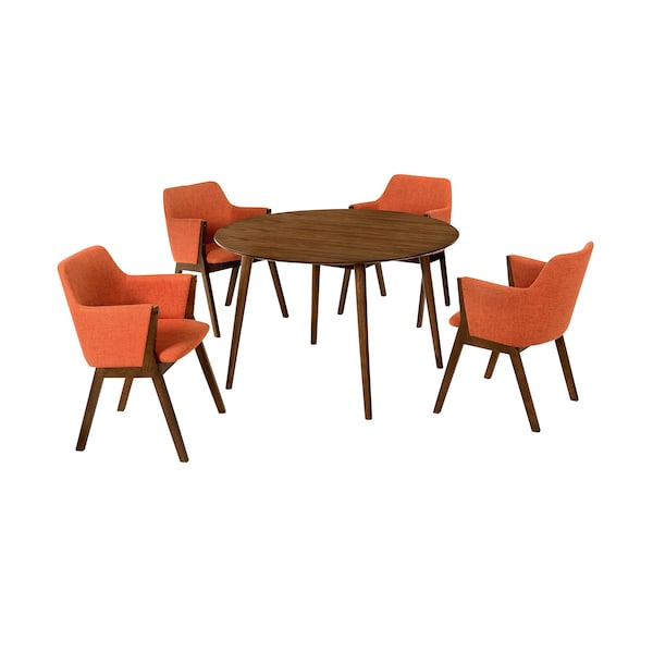 Armen Living Arcadia and Renzo 48" Round Orange and Walnut Wood 5 Piece Dining Set - SETARDI5REWAOR48