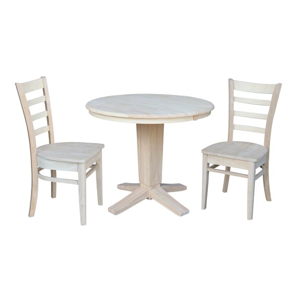 International Concepts 36 in. Solid Wood Round Extension Dining Table with 2 Dining Chairs, Unfinished - K-36RXT-23B-C617-2