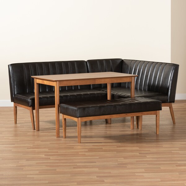 Baxton Studio Daymond Mid-Century Dark Brown Faux Leather and Walnut Brown Finished Wood 4-PC Dining Nook Set - 186-11349-11351-9305-ZORO