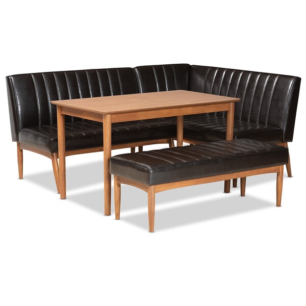 Baxton Studio Daymond Mid-Century Dark Brown Faux Leather and Walnut Brown Finished Wood 4-PC Dining Nook Set - 186-11349-11351-9305-ZORO