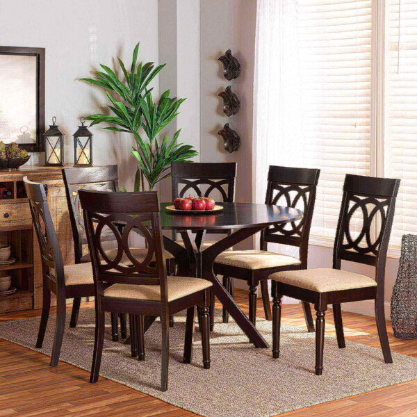 Baxton Studio Jessie Modern and Contemporary Sand Fabric and Dark Brown Finished Wood 7-Piece Dining Set - 174-10537-10894-ZORO