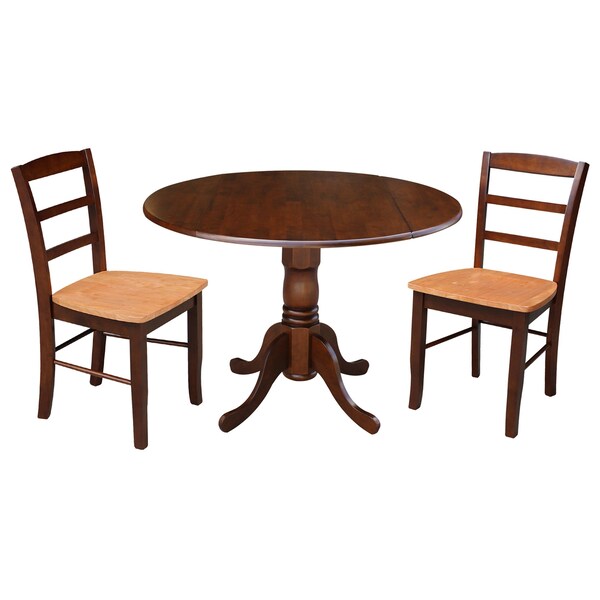 International Concepts 42 in Dual Drop Leaf Dining Table with 2 Ladder Back Dining Chairs - 3 Piece Dining Set - K581-42DP-C58-2P