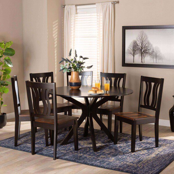 Baxton Studio Mare Modern Two-Tone Dark Brown and Walnut Brown Finished Wood 7-PC Dining Set - 177-11380-10894-ZORO