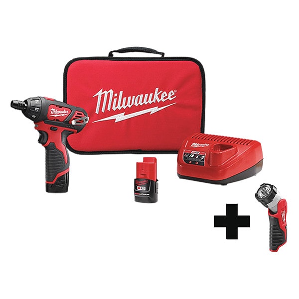 Milwaukee Tool Cordless Screwdriver Kit, 1/4" Chuck, 12V, Includes Batteries - 2401-22, 49-24-0146