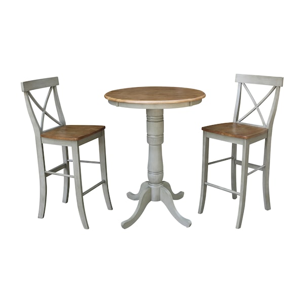 International Concepts Round 30 in Rd Pedestal Bar Ht Table, 2 X-Back Bar Ht Stools, Hickory/Stone, 30 in W, 30 in L, Wood - K41-30RT-6B-S6133-2