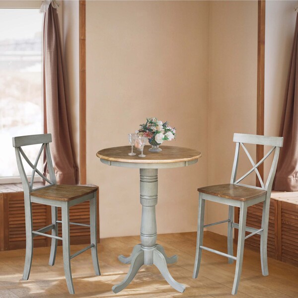 International Concepts Round 30 in Rd Pedestal Bar Ht Table, 2 X-Back Bar Ht Stools, Hickory/Stone, 30 in W, 30 in L, Wood - K41-30RT-6B-S6133-2