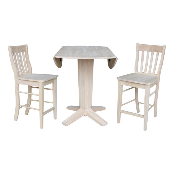 International Concepts 42 in Round Drop Leaf Counter Height Dining Table with 2 Stools in Unfinished - 3 Piece Set - K-42DPT-23B-S6162-2
