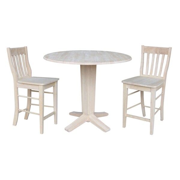 International Concepts 42 in Round Drop Leaf Counter Height Dining Table with 2 Stools in Unfinished - 3 Piece Set - K-42DPT-23B-S6162-2