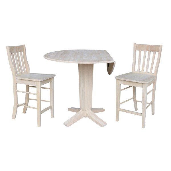 International Concepts 42 in Round Drop Leaf Counter Height Dining Table with 2 Stools in Unfinished - 3 Piece Set - K-42DPT-23B-S6162-2