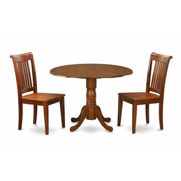 East West Furniture East West Furniture DLPO3-SBR-W 3PC Kitchen Round Table with 2 Drop Leaves and 2 Chairs with Wood Seat - DLPO3-SBR-W