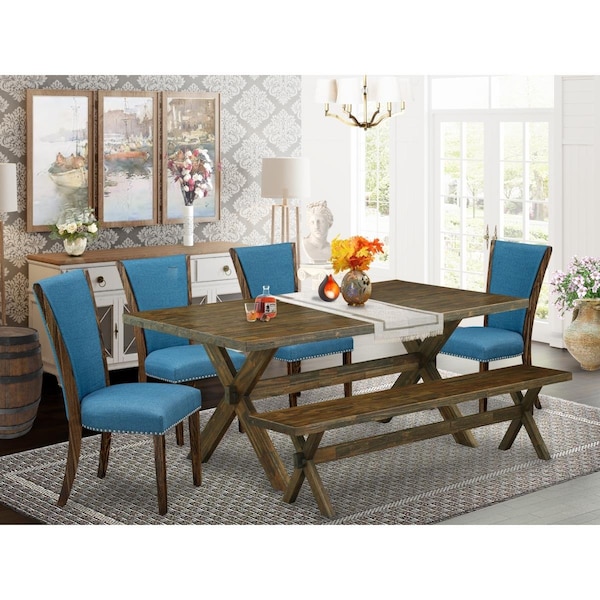 East West Furniture 6 Piece X-Style Mid Century Dining Set - Distressed Jacobean - X777VE721-6