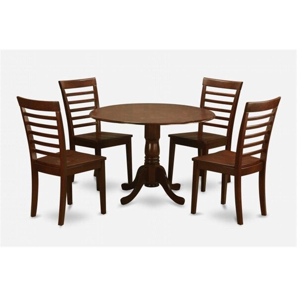 East West Furniture 5PC Kitchen Round Table with 2 Drop Leaves and 4 Ladder-back Chairs with Wood Seat - DLML5-MAH-W