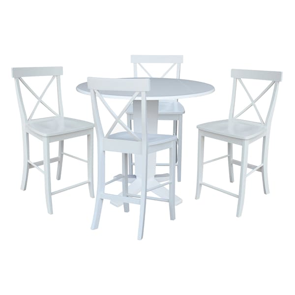 International Concepts 42 in. Solid Wood Dual Drop Leaf Dining Table with 4 Counter Height Stools in White - K08-42DPT-23-S6132-4