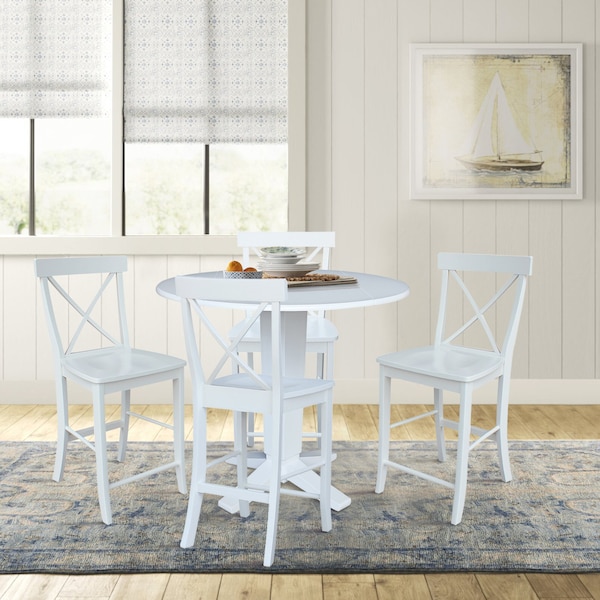 International Concepts 42 in. Solid Wood Dual Drop Leaf Dining Table with 4 Counter Height Stools in White - K08-42DPT-23-S6132-4