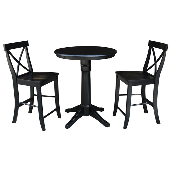 International Concepts Round 30 in Rd Pedestal Gathering Ht Table, 2 X-Back Counter Ht Stools, Black, 30 in W, 30 in L, Wood - K46-30RT-27B-S6132-2
