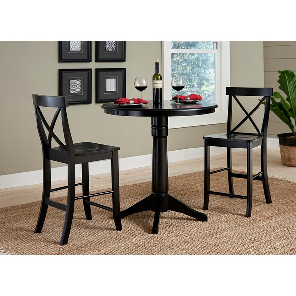 International Concepts Round 36 in Rd Pedestal Gathering Ht Table, 2 X-Back Counter Ht Stools, Black, 36 in W, 36 in L, Wood - K46-36RT-27B-S6132-2
