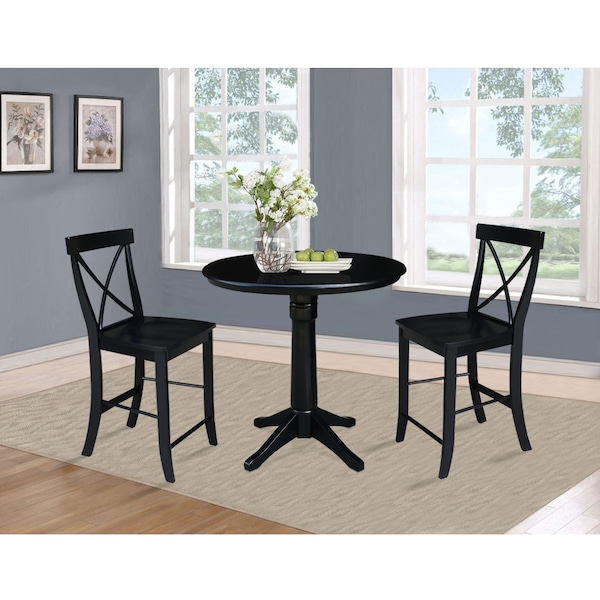 International Concepts Round 36 in Rd Pedestal Gathering Ht Table, 2 X-Back Counter Ht Stools, Black, 36 in W, 36 in L, Wood - K46-36RT-27B-S6132-2