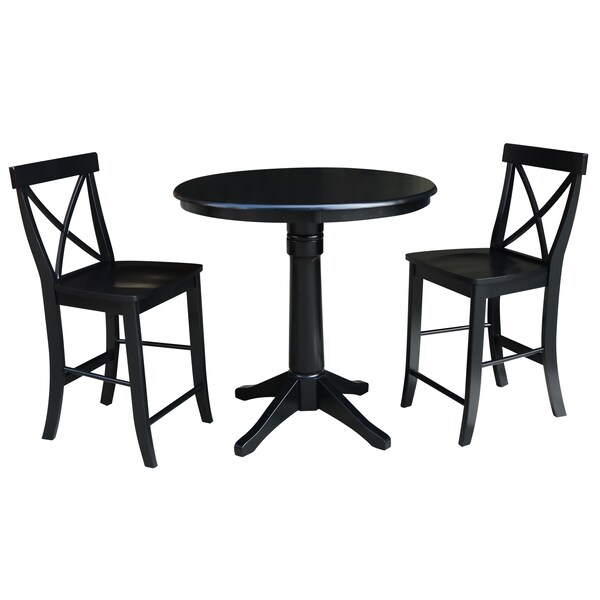International Concepts Round 36 in Rd Pedestal Gathering Ht Table, 2 X-Back Counter Ht Stools, Black, 36 in W, 36 in L, Wood - K46-36RT-27B-S6132-2