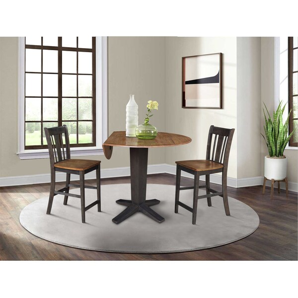 International Concepts 42 in. Solid Wood Dual Drop Leaf Dining Table with 2 Counter Height Stools in Hickory/Washed Coal - K45-42DPT-23B-S102-2