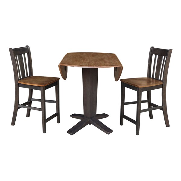 International Concepts 42 in. Solid Wood Dual Drop Leaf Dining Table with 2 Counter Height Stools in Hickory/Washed Coal - K45-42DPT-23B-S102-2