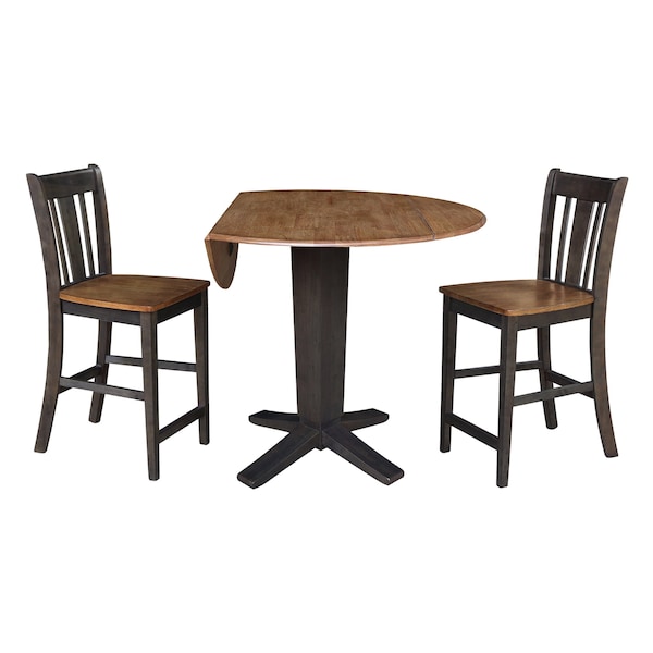 International Concepts 42 in. Solid Wood Dual Drop Leaf Dining Table with 2 Counter Height Stools in Hickory/Washed Coal - K45-42DPT-23B-S102-2