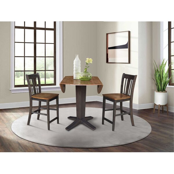 International Concepts 42 in. Solid Wood Dual Drop Leaf Dining Table with 2 Counter Height Stools in Hickory/Washed Coal - K45-42DPT-23B-S102-2