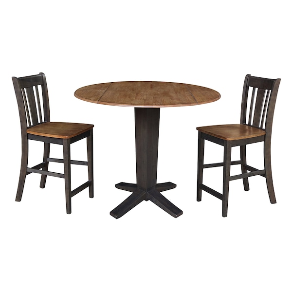 International Concepts 42 in. Solid Wood Dual Drop Leaf Dining Table with 2 Counter Height Stools in Hickory/Washed Coal - K45-42DPT-23B-S102-2