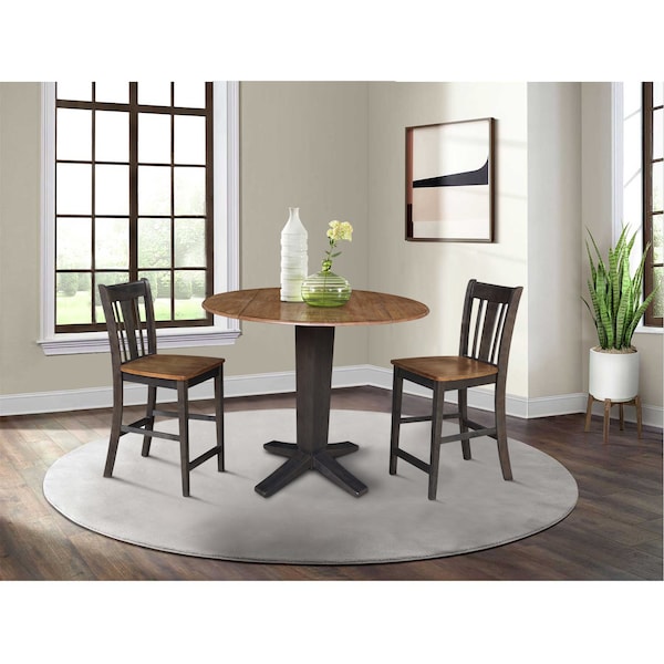 International Concepts 42 in. Solid Wood Dual Drop Leaf Dining Table with 2 Counter Height Stools in Hickory/Washed Coal - K45-42DPT-23B-S102-2