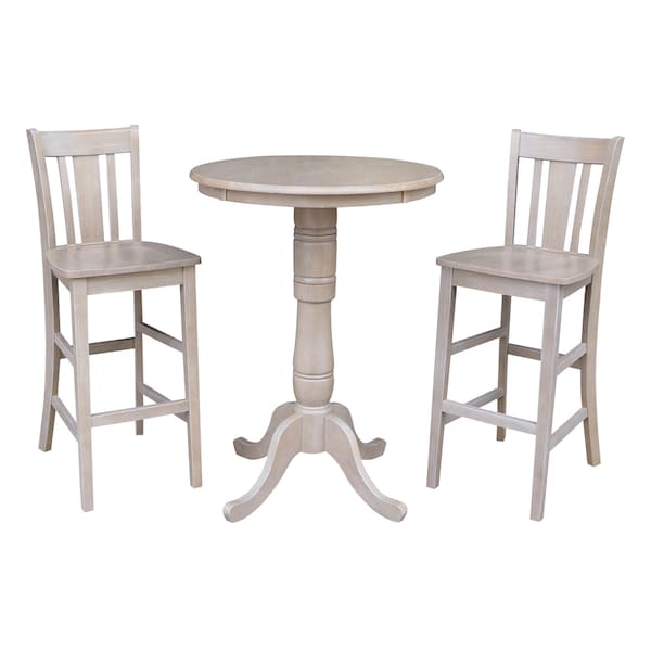 International Concepts Round 30 in Rd Pedestal Bar Ht Table, 2 San Remo Bar Ht Stools, Gray Taupe, 30 in W, 30 in L, Wood - K09-30RT-6B-2-S103-2