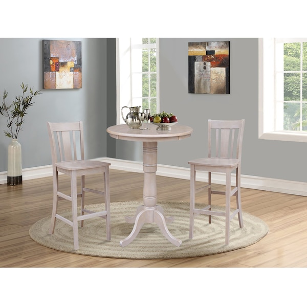 International Concepts Round 30 in Rd Pedestal Bar Ht Table, 2 San Remo Bar Ht Stools, Gray Taupe, 30 in W, 30 in L, Wood - K09-30RT-6B-2-S103-2