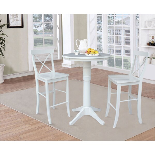 International Concepts Round 30 in Rd Pedestal Bar Height Table, 2 X-Back Bar Height Stools, White, 30 in W, 30 in L, Wood - K08-30RT-27B-S6133