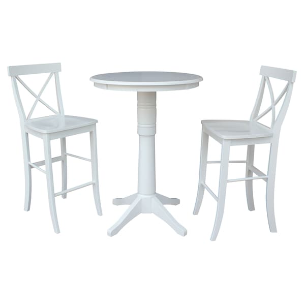 International Concepts Round 30 in Rd Pedestal Bar Height Table, 2 X-Back Bar Height Stools, White, 30 in W, 30 in L, Wood - K08-30RT-27B-S6133
