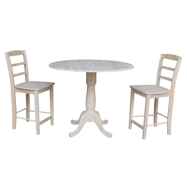 International Concepts Round 42 in Rd Ped Gathering Ht Table, 2 Stools, Unfinished, Ready to Finish, 42 in W, 42 in L, Wood - K-42DPT-S402-2