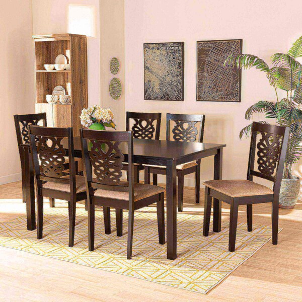 Baxton Studio Gervais Modern and Contemporary Sand Fabric and Dark Brown Finished Wood 7-Piece Dining Set - 176-11382-10519-ZORO