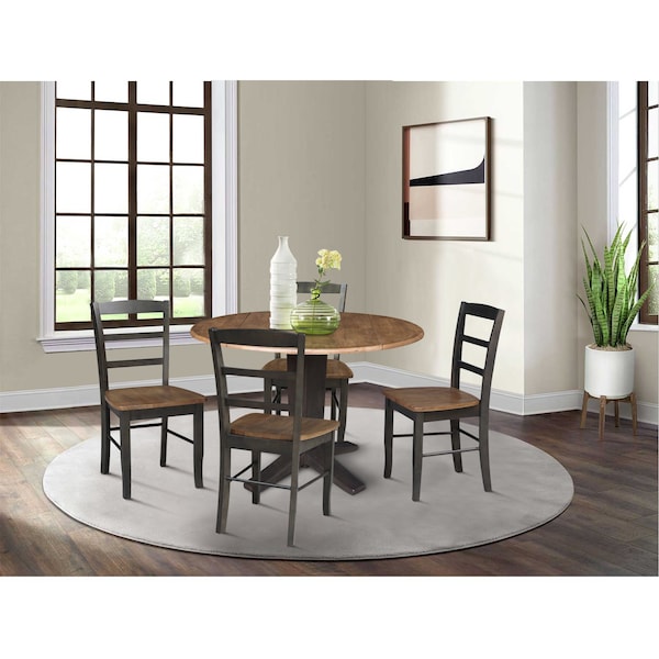 International Concepts 42 in. Solid Wood Round Drop Leaf Pedestal Table with 4 Dining Chairs in Hickory/Washed Coal - K45-42DPT-23B-C2-4