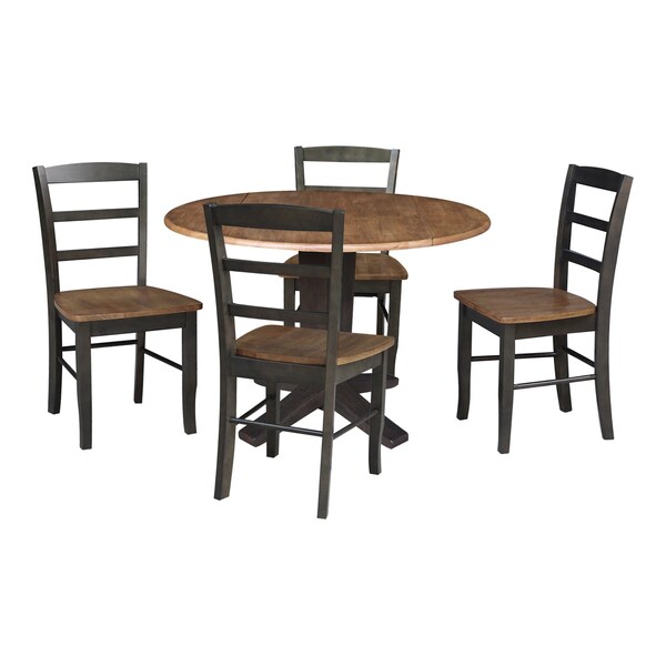 International Concepts 42 in. Solid Wood Round Drop Leaf Pedestal Table with 4 Dining Chairs in Hickory/Washed Coal - K45-42DPT-23B-C2-4