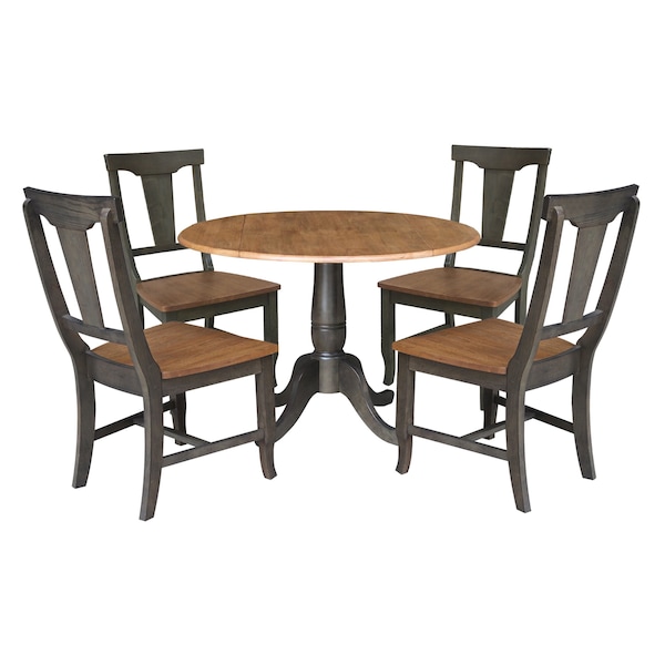 International Concepts Round Round 42 in. Dual Drop Leaf Dining Table with 4 Panel Back Chairs  in Hickory/Washed Coal - K45-42DPT-C110-4