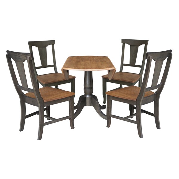 International Concepts Round Round 42 in. Dual Drop Leaf Dining Table with 4 Panel Back Chairs  in Hickory/Washed Coal - K45-42DPT-C110-4