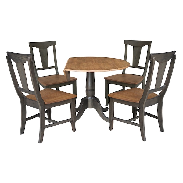 International Concepts Round Round 42 in. Dual Drop Leaf Dining Table with 4 Panel Back Chairs  in Hickory/Washed Coal - K45-42DPT-C110-4