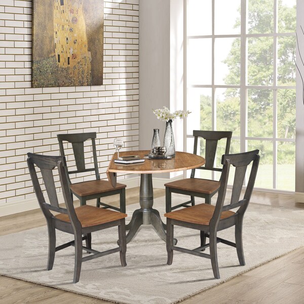 International Concepts Round Round 42 in. Dual Drop Leaf Dining Table with 4 Panel Back Chairs  in Hickory/Washed Coal - K45-42DPT-C110-4