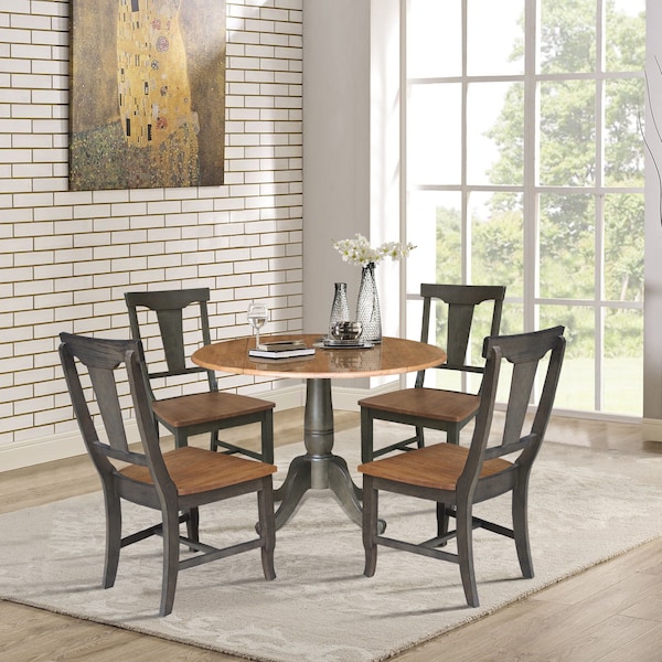 International Concepts Round Round 42 in. Dual Drop Leaf Dining Table with 4 Panel Back Chairs  in Hickory/Washed Coal - K45-42DPT-C110-4