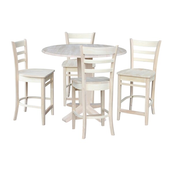 International Concepts 42 in Round Drop Leaf Counter Height Dining Table with 4 Stools in Unfinished - 5 Piece Set - K-42DPT-23B-S6172-4