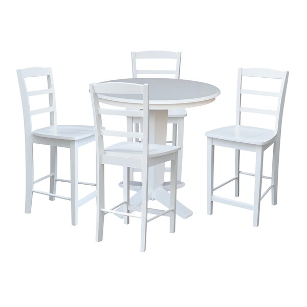 International Concepts 36 in. Solid Wood Round Top Pedestal Dining Table with 4 Counter Height Stools in White - K08-36RT-23B-S402-4