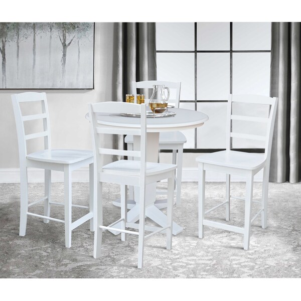 International Concepts 36 in. Solid Wood Round Top Pedestal Dining Table with 4 Counter Height Stools in White - K08-36RT-23B-S402-4