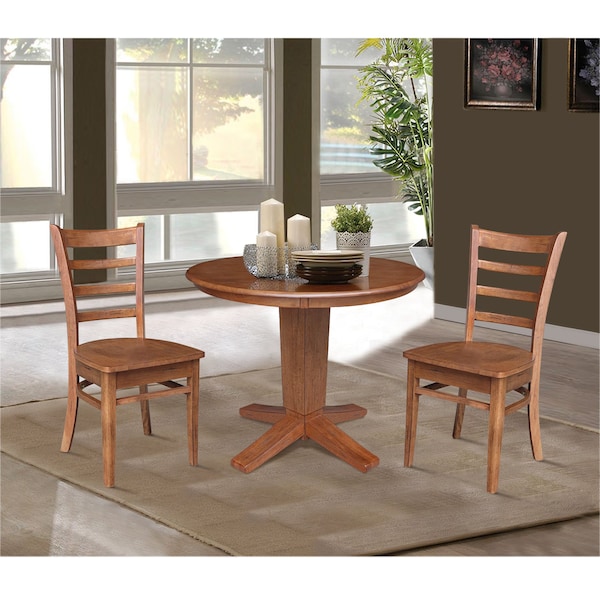 International Concepts 36 in. Solid Wood Round Top Pedestal Dining Table with 2 Chairs in Distress Oak - K42-36RT-23B-C617-2