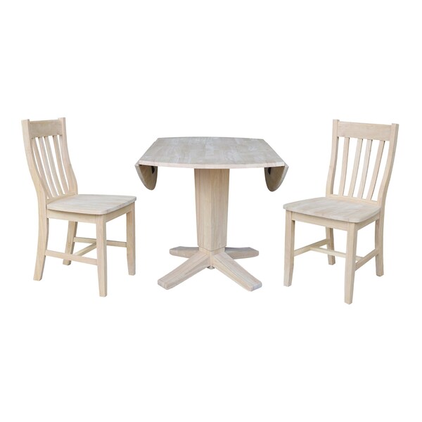 International Concepts 42 in Round Drop Leaf Pedestal Table with 2 Dining Chairs in Unfinished - 3 Piece Set - K-42DPT-23B-C61-2