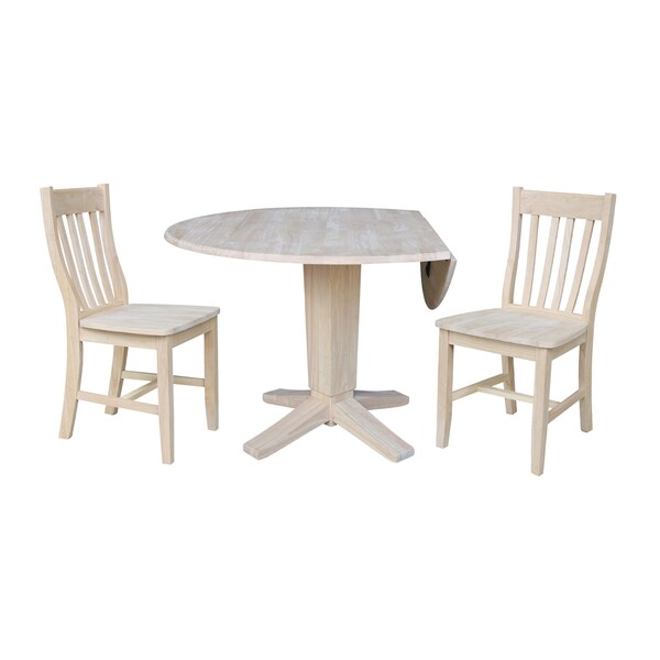 International Concepts 42 in Round Drop Leaf Pedestal Table with 2 Dining Chairs in Unfinished - 3 Piece Set - K-42DPT-23B-C61-2