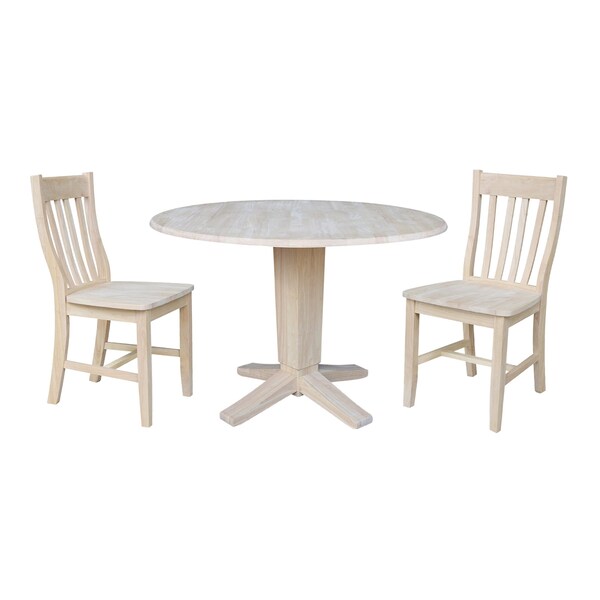 International Concepts 42 in Round Drop Leaf Pedestal Table with 2 Dining Chairs in Unfinished - 3 Piece Set - K-42DPT-23B-C61-2
